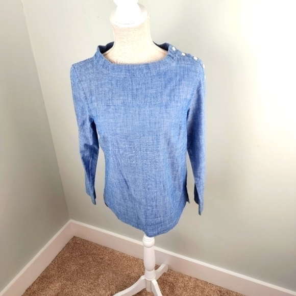 J. Crew Women’s Denim  Cotton Long Sleeve Pullover Blouse Top Button Size 00 - Picture 1 of 10